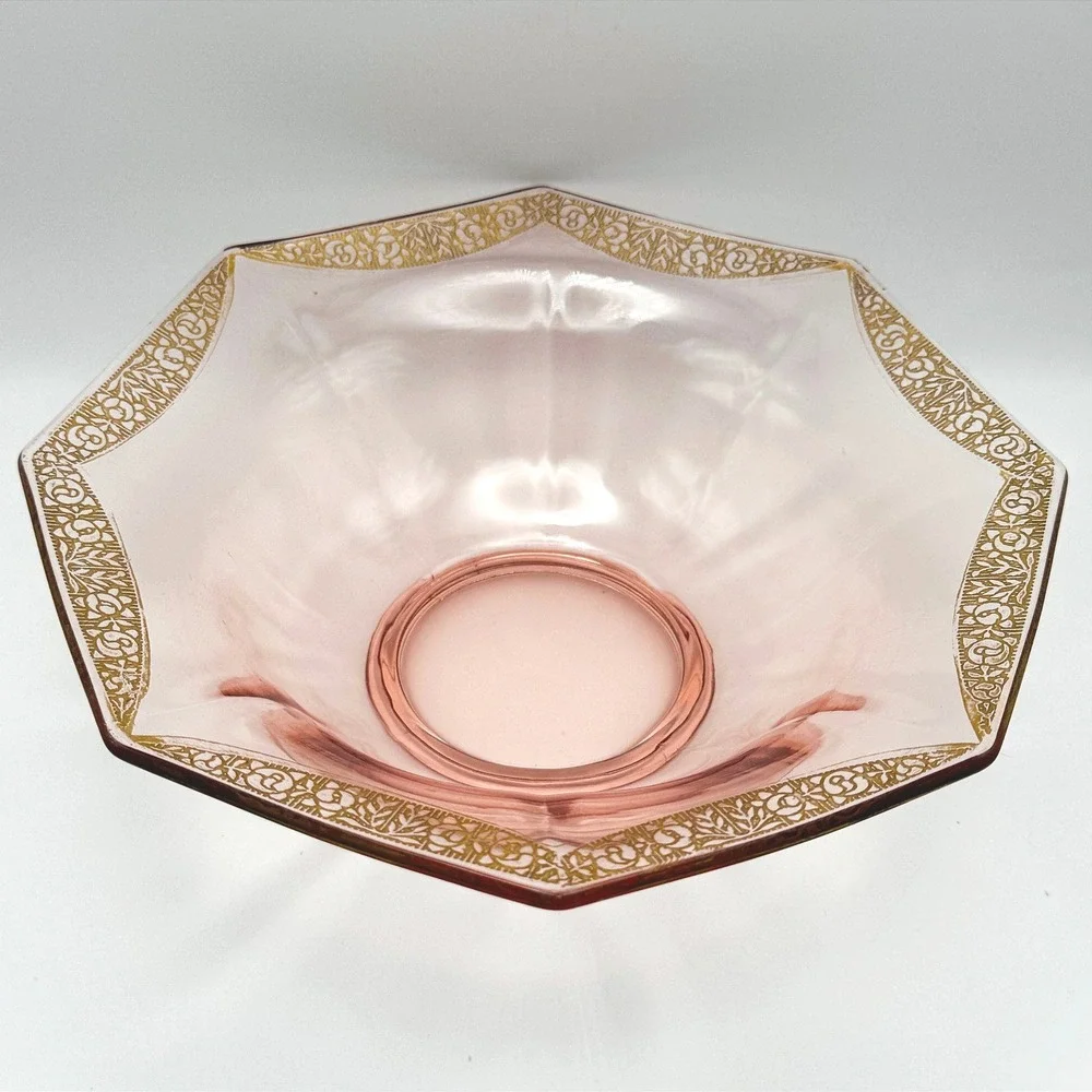 Vintage Pink Depression Glass Octagonal Bowl Gold Encrusted Floral Art Deco Lux